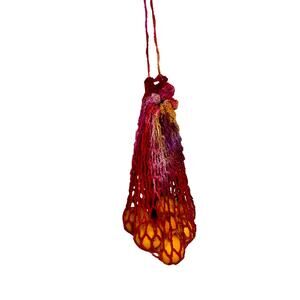 Vintage Crochet Drawstring Bag Hand Dyed Red Orange Purple Boho Mesh Fruit Sack